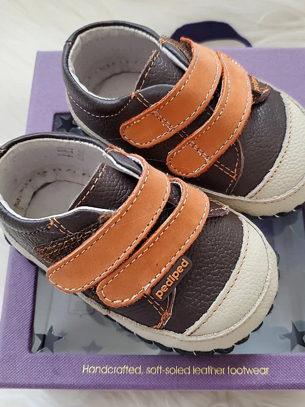 Pediped Brown Infant Leather Soft Sole Velcro Handcrafted Shoes SZ 0-6M